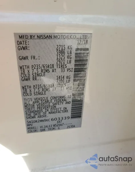 2019 Nissan Pathfinder S z USA, uszkodzony, nr VIN 5N1DR2MN9KC603339